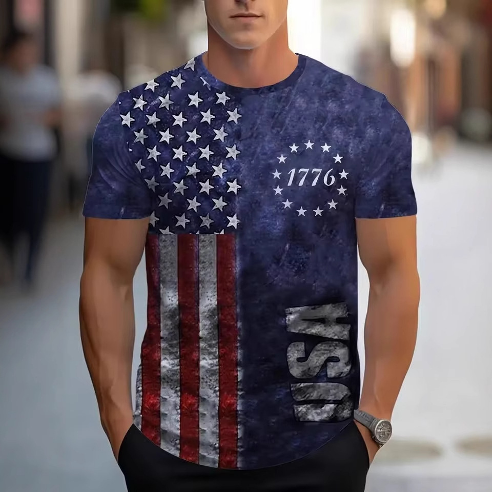 Venta caliente retro belleza bandera EE. UU. Lema impreso 3D hombres calle suelta transpirable manga corta suéter de cuello redondo