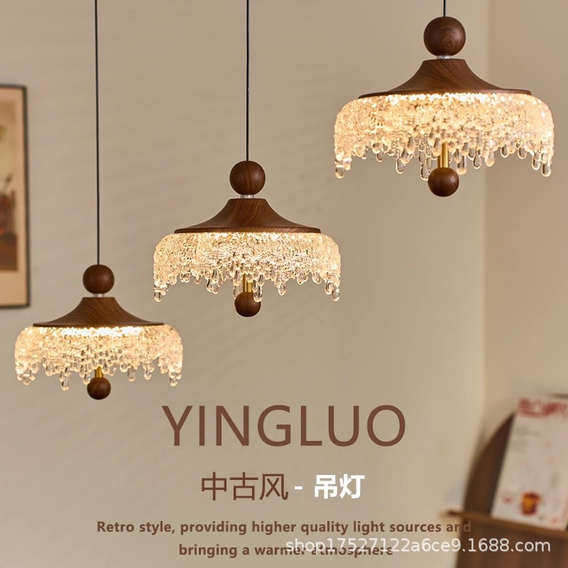 中古风吊灯冰山餐厅复古胡桃木色法式过道蜡烛小水滴床头