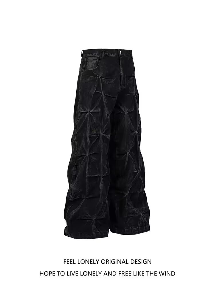 Jeans uomo nero stile retrò con pieghe gamba larga oversize_voghion.com