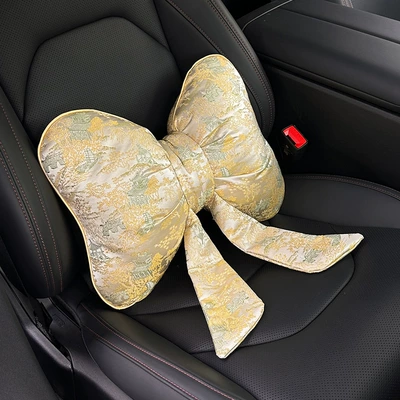 2026 New Model Car Headrest and Waist support - imitation-song-brocade-bow-ribbon-waist-cushion-in-gold