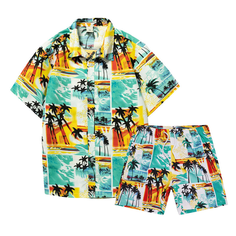 Men's Shirt Casual Beach Suit Seaside Holiday Style Sports Loose Short-sleeved Shirt Beach Pants Printed Short-sleeved