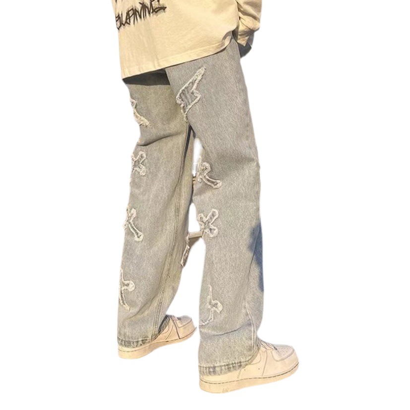 Primavera High Street American hip hop jeans hombres moda marca parche Pantalones rectos calle más tamaño ancho pierna fregona pantalones largos