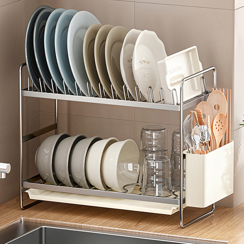 Stainless steel dish storage rack double-layer kitchen sink side window cabinet dish storage rack multi-functional draining rack