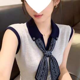 时尚撞色配丝巾设计感小众t恤女 新款外穿感气质无袖显瘦上衣