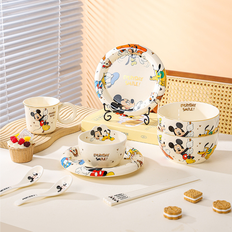Light Luxury Mickey Series Bowl Ceramic Tableware Cute Bowl Plate suit Children's Rice Bowl Cartoon Mug Household Plate
