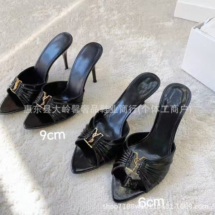 High-End Y-Letter Metal Buckle Pleated High-Heeled Slip-On Shoes for Women, Sexy Open-Toe Pointed-Toe Stiletto Heels