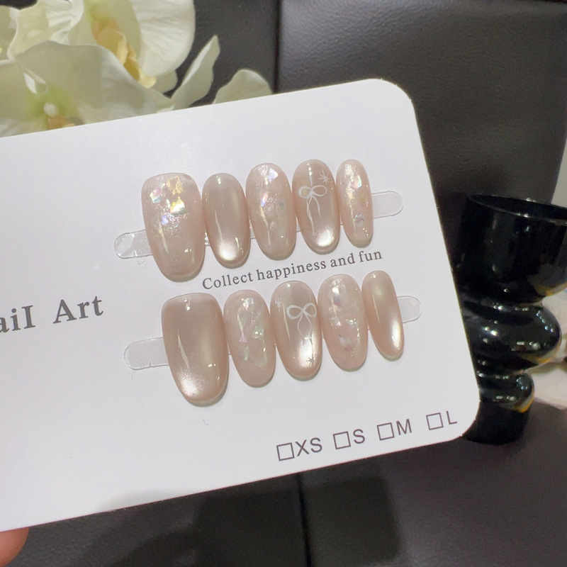 【Milk Apricot Mother-Of-Pearl】Fairy-Style Glass Mother-Of-Pearl Nails with Gentle Bowknot and Crushed Diamonds, Elegant and Complexion-Enhancing Fake Nails 【Milk Apricot Mother-Of-Pearl】Fairy-Style Glass Mother-Of-Pearl Nails with Gentle Bowknot and Crushed Diamonds, Elegant and Complexion-Enhancing Fake Nails