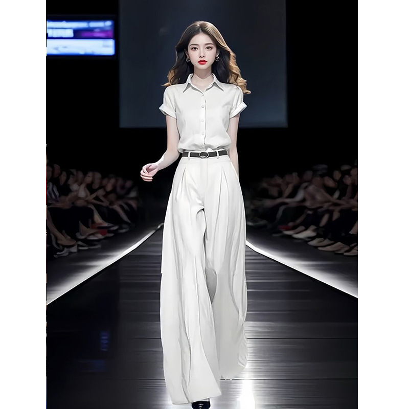 单/套装女2025夏季新款时尚显瘦短袖衬衫+高腰拖地阔腿裤子两件套|undefined