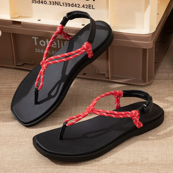 Cross-Border New Style Woven Rope Flip-Flops for Women, Flat-Soled Beach Sandals, Casual Outdoor Wear, Versatile Sandals