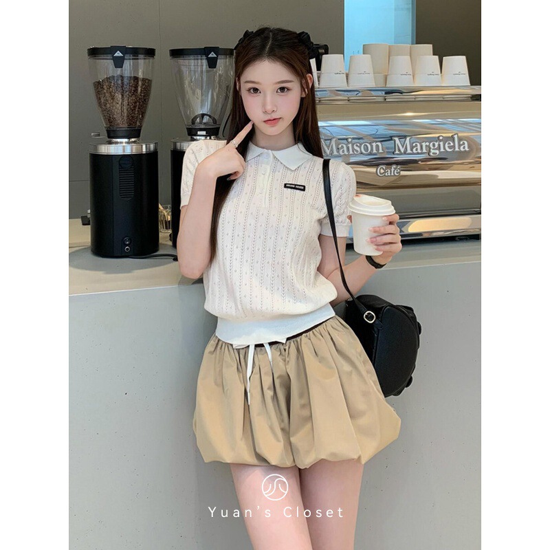 Miu White Polo Shirt Knitted Short-Sleeved T-Shirt for Women Summer New Korean Style Contrasting Color Slimming Look Lapel Top