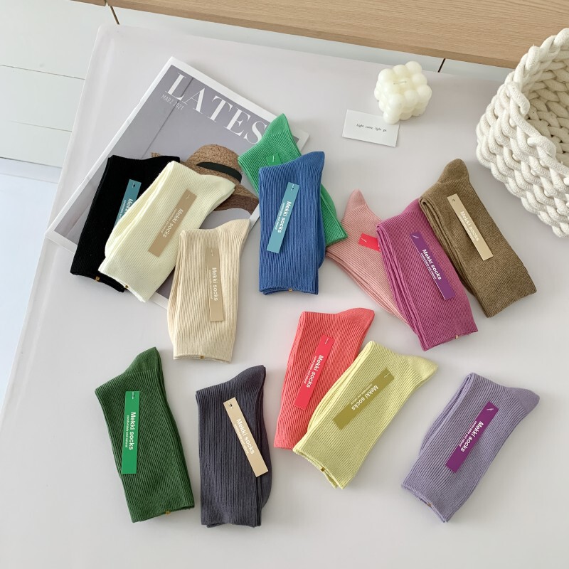 Summer Thin Socks Pile Socks Ins Trendy Cotton Thin Japanese Style Pure Color Mid-Calf Socks Preppy Style Versatile Forest Style