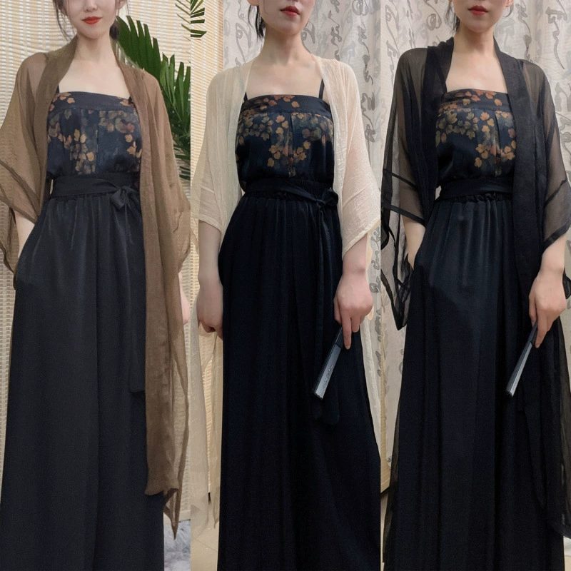 Династия Сун, храм Чангань, двубортная длинная рубашка с половиной рукавов Hanfu и подтяжками, модифицированные брюки династии Сун, повседневный стиль