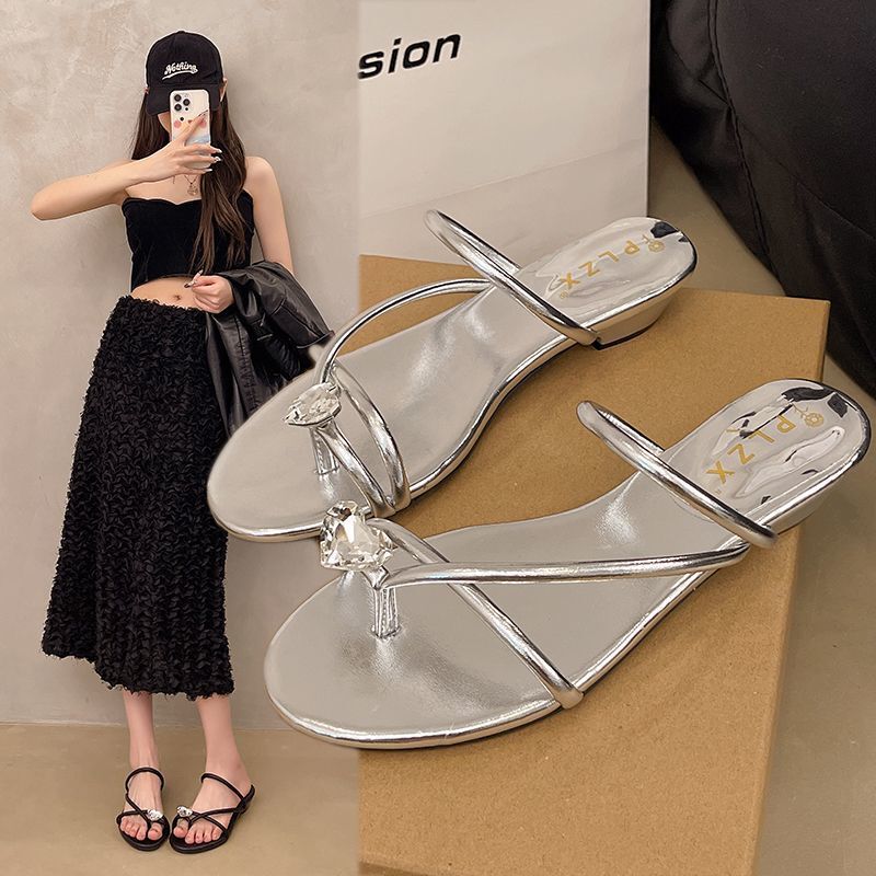 Sandals 2025 Silver Crystal Round Toe Chunky Heel Slip-On Autumn High Heel Strap French Fairy Style Outdoor Cross