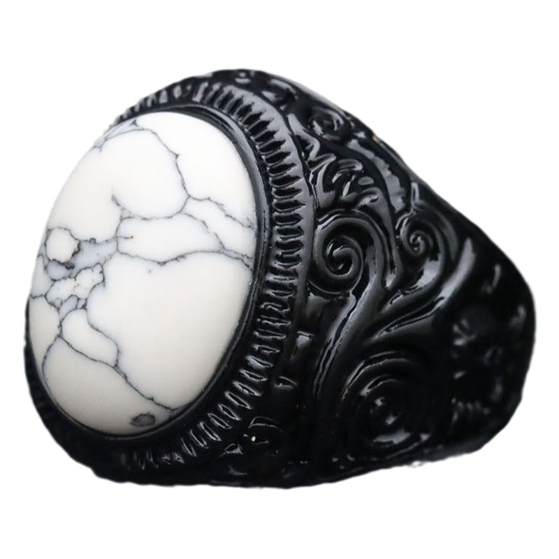 Qiyu European and American retro Tiger Eye turquoise black carved punk men's fashion bracelet ethnic style alloy ring ring