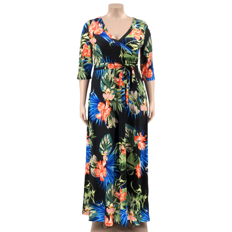 Swing Dress Elegant V Neck Rib-knit 3/4 Length Sleeve Leaves Maxi Long Dress Daily display picture 6