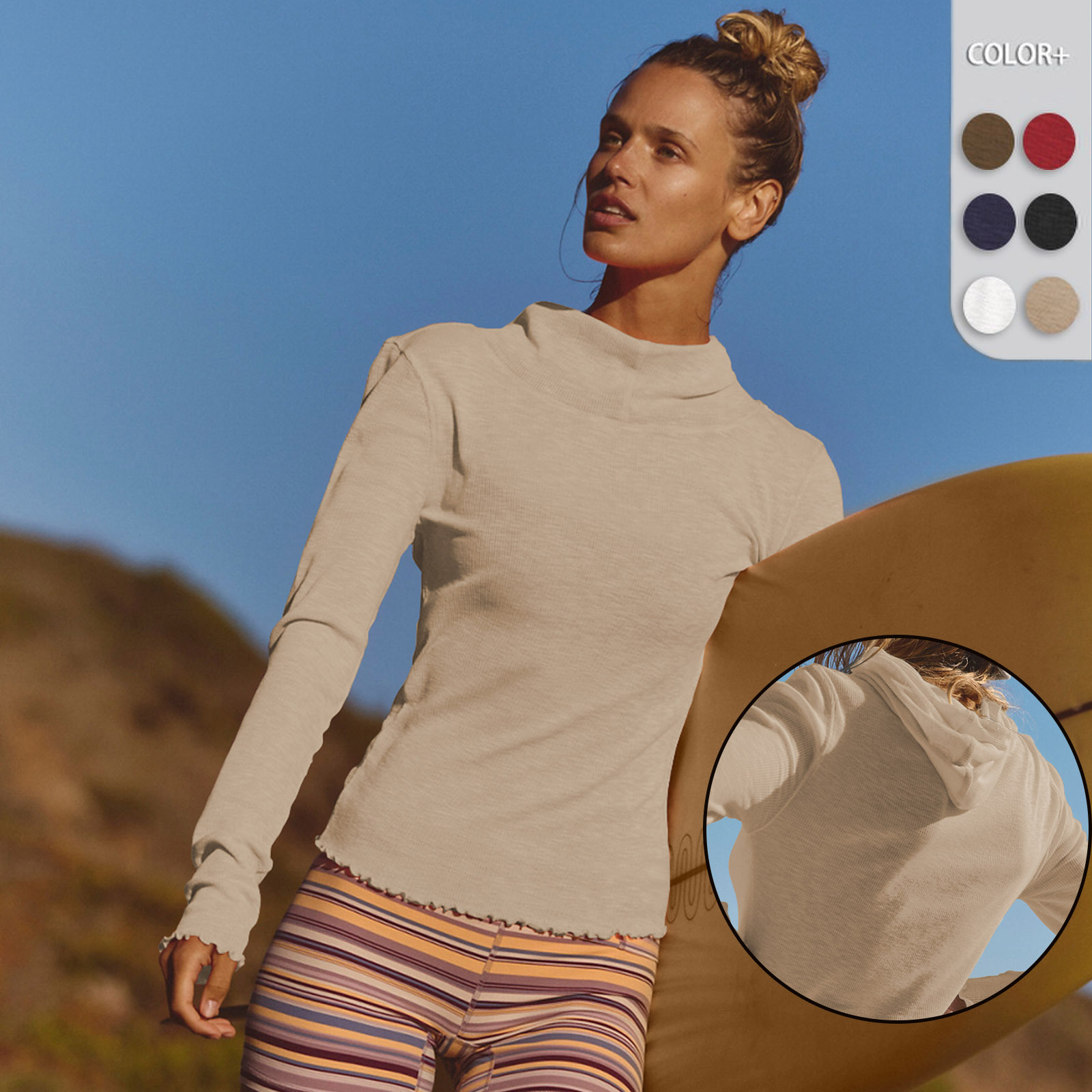 热销外贸连帽纯色花边半高领内搭针织衫2025女新款上衣长袖打底衫