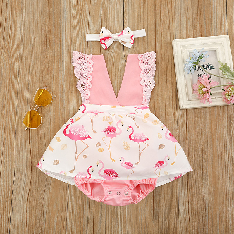Foreign trade Children's clothing Climbing clothes ins baby Jumpsuit full dress Flamingo printing Romper