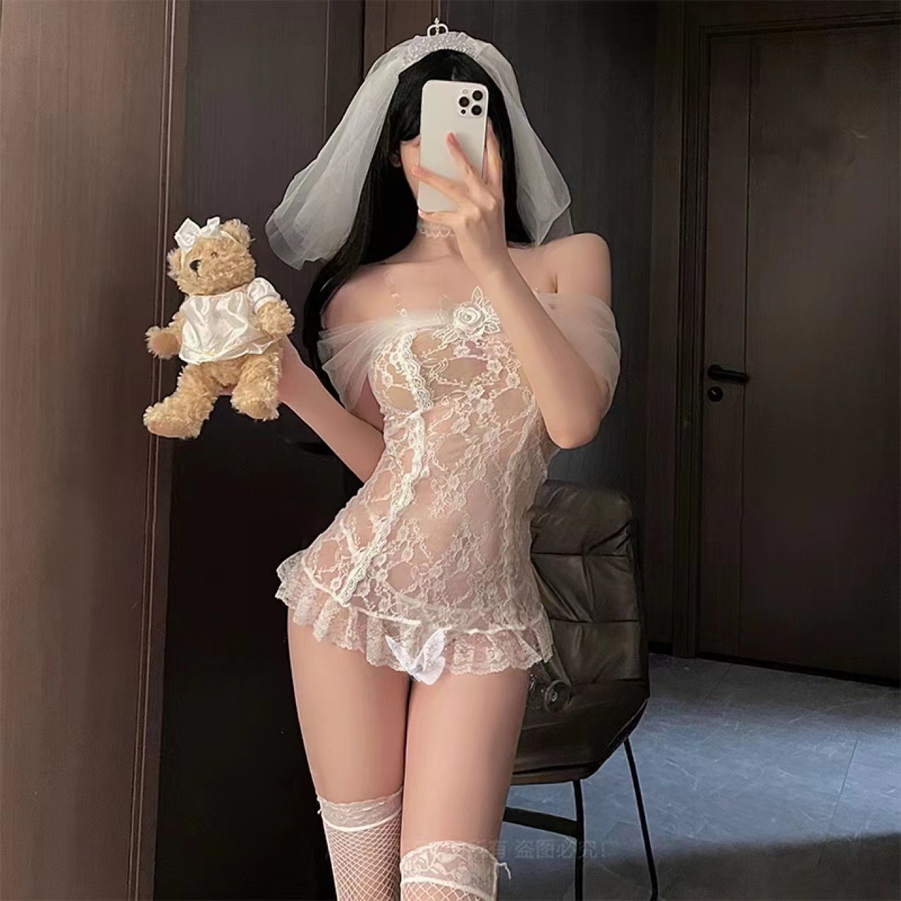 Bridal Lace Suspender Dress Set with Veil, Sheer Mesh One-Piece, Plus Size — detail image 14