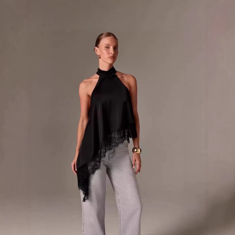 S32377 Amazon European and American Style Cross-Border New Sleeveless Satin Halter Top with Lace Trim