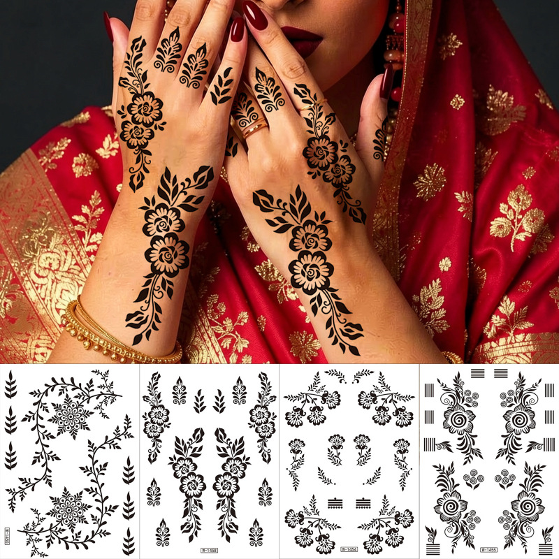 Cross-Border Henna Black Lace Floral Tattoo Stickers Waterproof Temporary Realistic Indian Henna Tattoo Stickers Tattoo