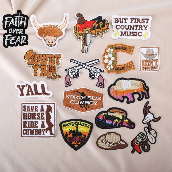 Original Cartoon Cloth Stickers Western Cowboy Hat Party Cross-border Patch Computer Embroidered Stalk in stock Wholesale Embroidered Cloth Stickers