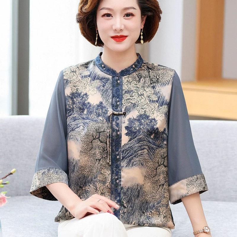 Женщины среднего и пожилого возраста весной и летом тонкие шифоновые рубашки в китайском стиле топы мамы летние новые футболки из искусственного шелка