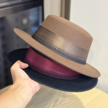 秋冬渐变色平顶毛呢帽女英伦时尚名媛百搭礼帽舞台演出爵士帽子男