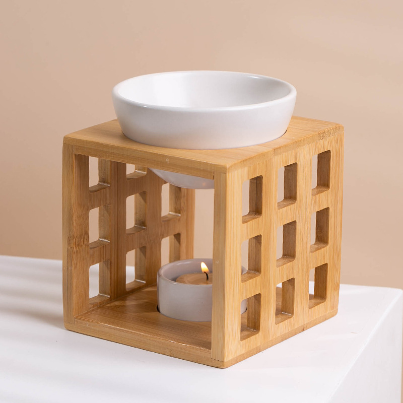 Fábrica directa de cerámica de cera de aceite esencial candelabros de bambú y madera creativos hogares vela soporte de lámpara horno de aroma artesanía adornos