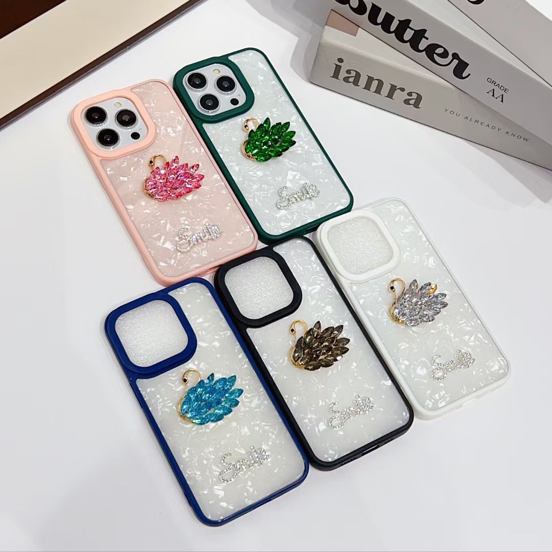 For Little Swan Diamond ins Wind iPhone16promax Phone Case 15Plus Apple 14 Marble X Set