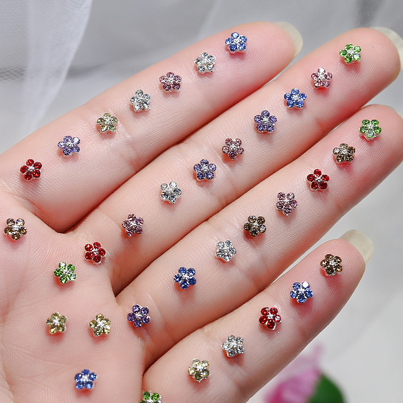 迷你小花美甲合金饰品彩色五瓣花珍珠钻石小红书穿戴甲装饰指甲钻