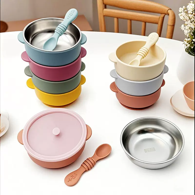 新304不锈钢辅食碗儿童喂养餐具吸盘硅胶碗亚马逊热销带盖米糊勺