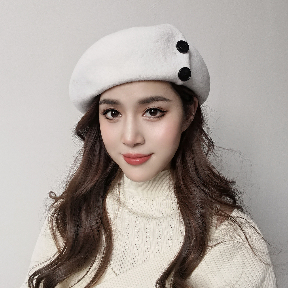 Autumn and winter fashion casual warm button decoration plus large elastic sweatband wool beret painter trendy hat_viptrois.com