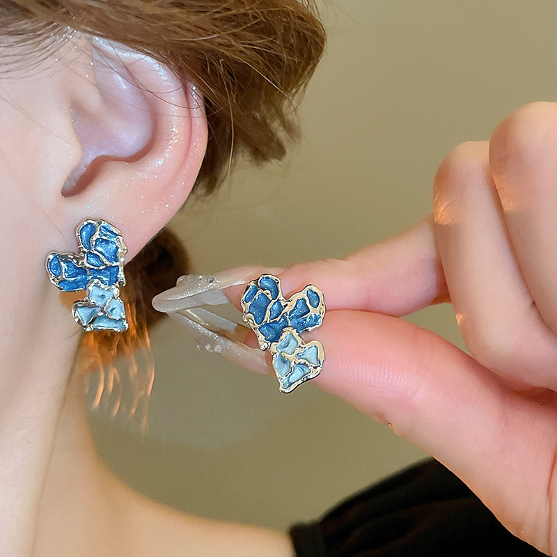 Aguja de plata, estilo de vacaciones azul, pendientes de lazo de flores suaves, pendientes de moda fresca, pendientes de ambiente dulce