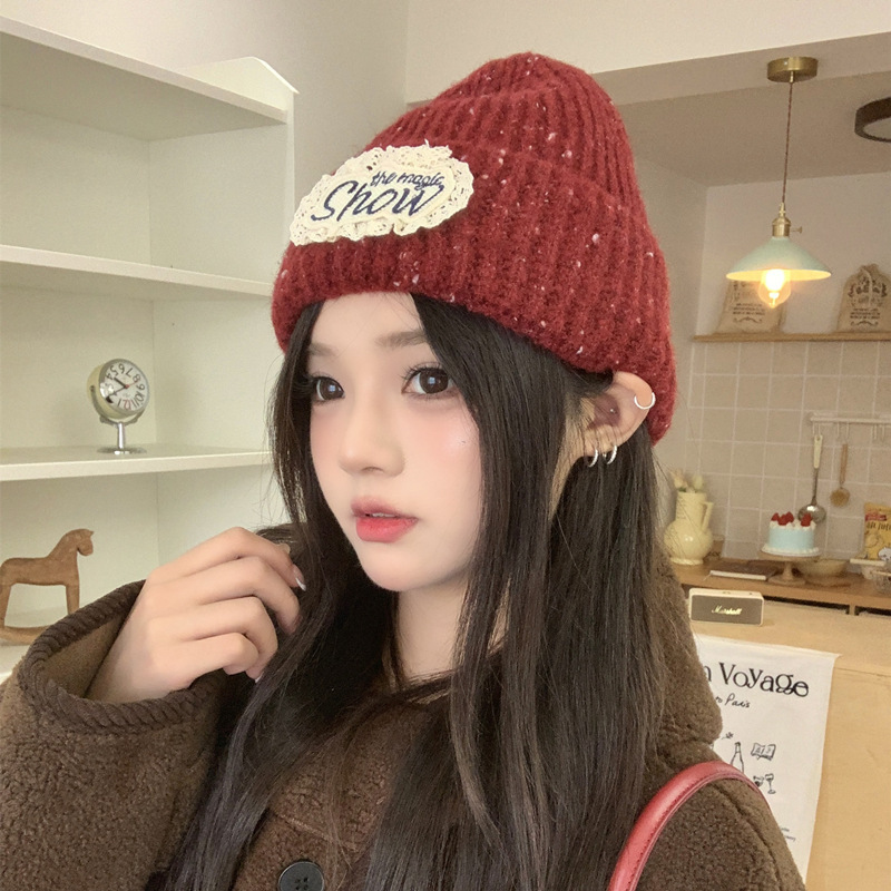 蕾丝英文字母标针织男女瓜皮帽纯色雪花点坑条卷边护耳保暖包头帽|undefined
