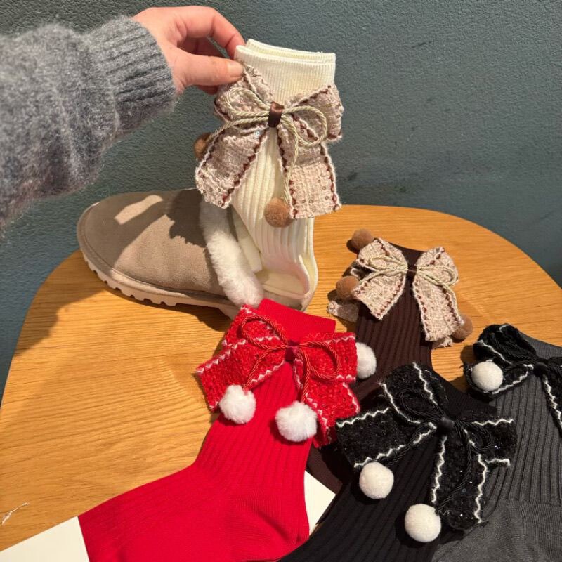 Autumn and Winter Thickened Mid-Calf Women's Socks with Unique Design, Oversized Bow, Pom-Pom, New Year Red, Sweet Style, Combed Cotton Long Socks Autumn and Winter Thickened Mid-Calf Women's Socks with Unique Design, Oversized Bow, Pom-Pom, New Year Red, Sweet Style, Combed Cotton Long Socks