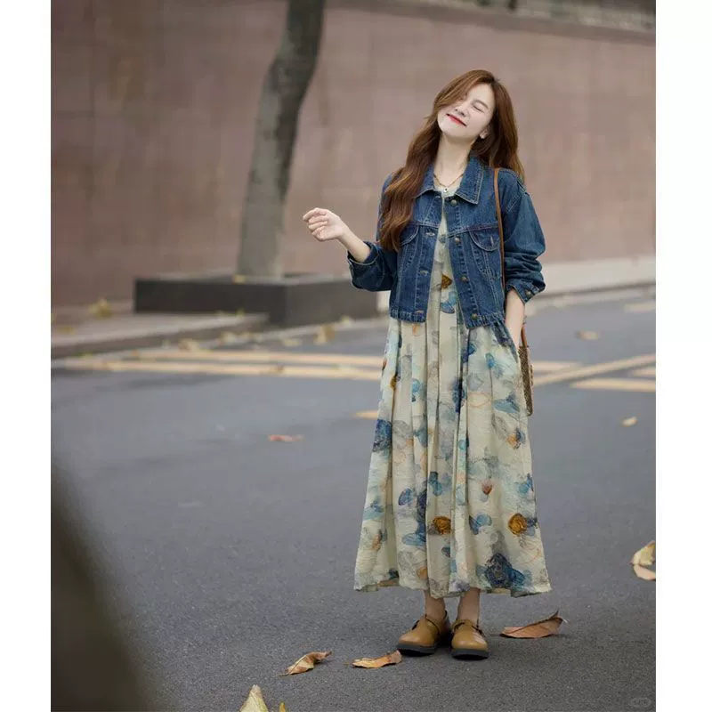 Нежный стиль, ретро, ​​Гонконгский стиль, повседневное модное платье с принтом, летний новый костюм, женская джинсовая куртка, модная