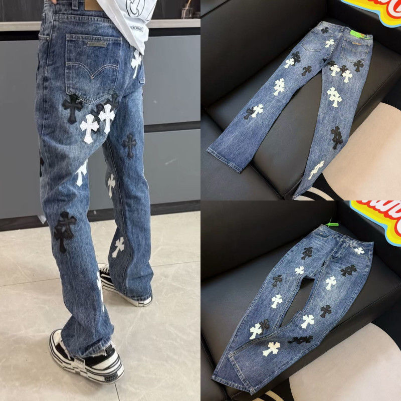 New Style Cross Leather Label Washed Denim Jeans for Couples, Street Style Loose Long Pants, Trendy Factory Direct Delivery, Handsome
