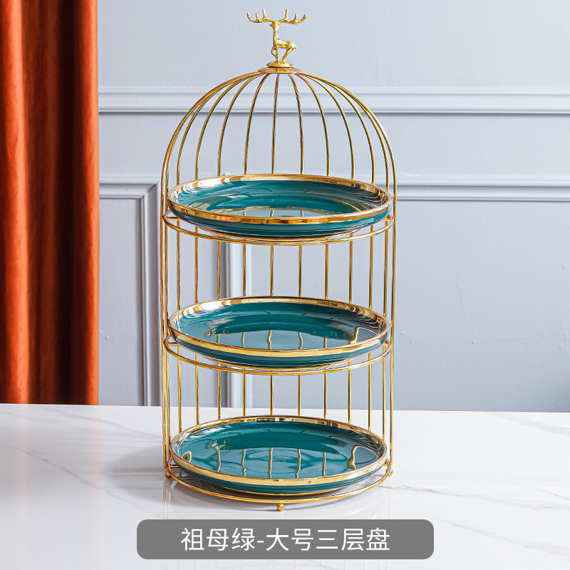 Plato de fruta de cerámica de lujo ligero mesa de café de la sala de estar cesta de frutas en casa plato de pastel de caramelo creativo adornos de almacenamiento de postre de doble capa