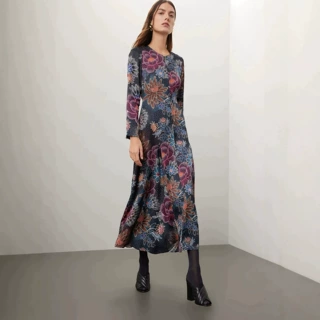 欧美跨境爆款暗底彩色印花连衣裙女圆领长袖大摆通勤复古长款裙子