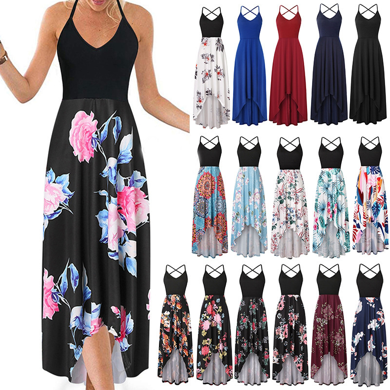 2023 Amazon wish summer European and American V-neck strap sleeveless sexy backless color matching Printing Dress