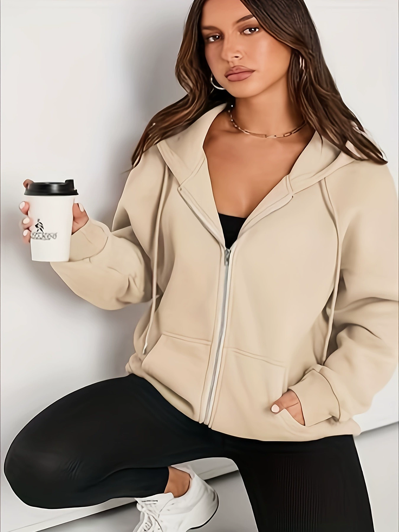 Женская повседневная куртка-кардиган свободного кроя на молнии с капюшоном и