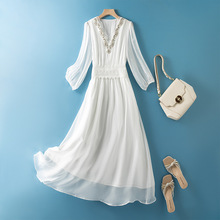 女装真丝裙纯色简约V玲七分袖桑蚕色沙滩长裙81042