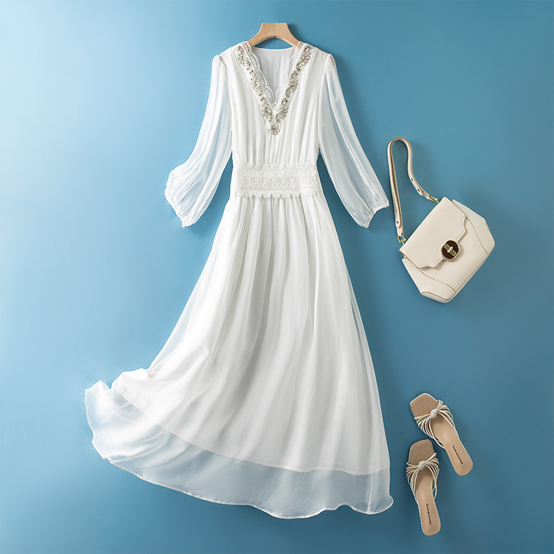 여성용 실크 스커트 솔리드 컬러 심플 V 링 7부 소매 멀버리 컬러 비치 롱 스커트 81042