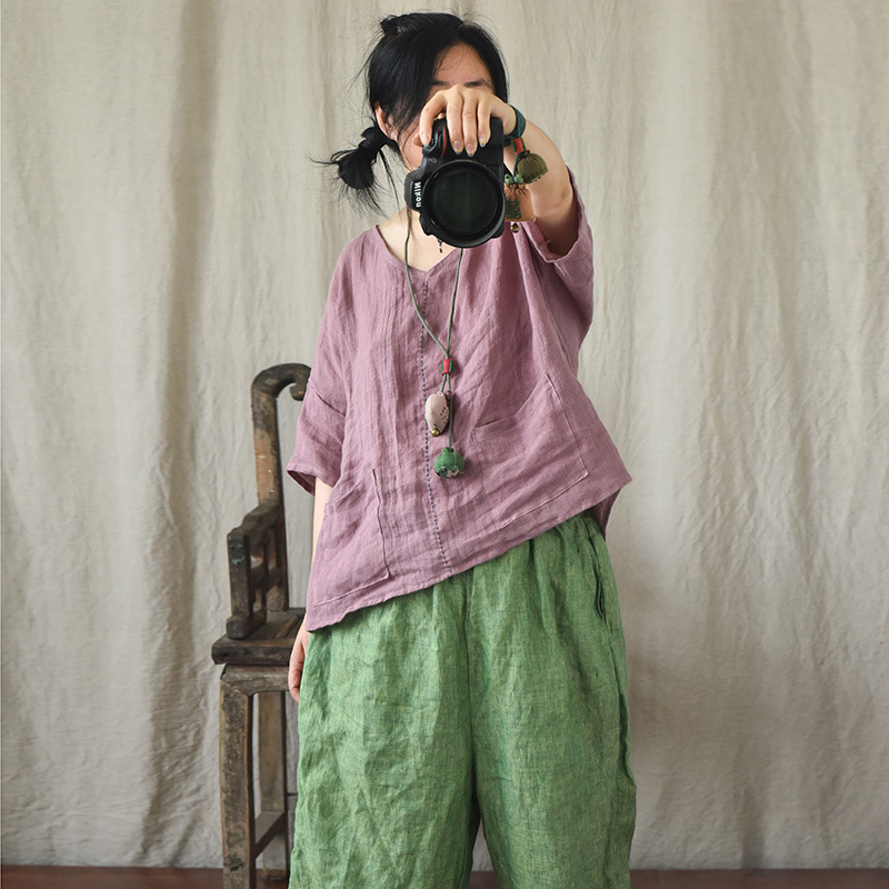 Liangyuan/Midsummer Cool Short-sleeved Linen Shirt V-neck Hand-stitched Embroidery Pullover Short-sleeved Artistic Blouse