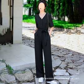 感连体裤女2025夏季新款韩版高腰黑色显瘦修身领阔腿连衣裤