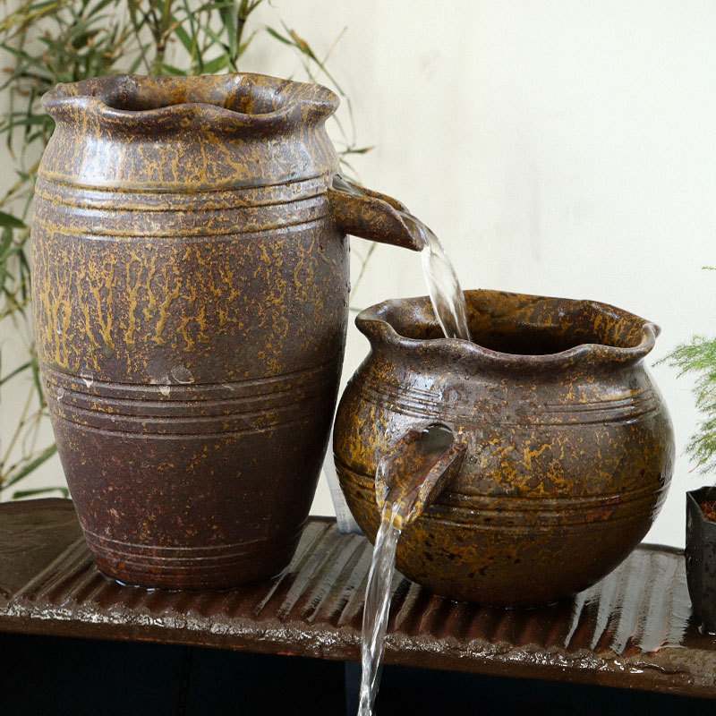 Ceramic Pot Balcony Fish Tank Filter Circulating Water Ancient Ecological Fish Tank Waterfall Landscaping Complete Set of Ceramic Flowing Water Ornaments