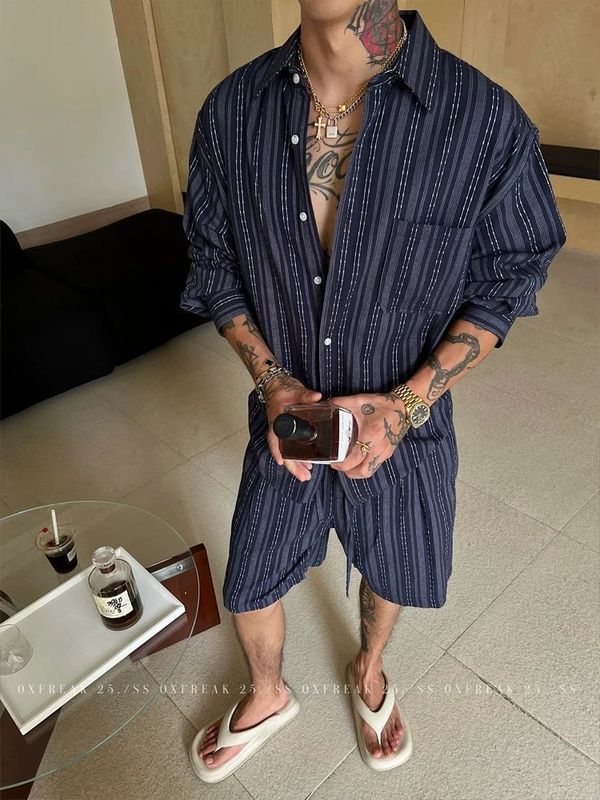 老钱风条纹提花亚麻混纺休闲套装短袖衬衫宽松休闲短裤夏季男装|undefined