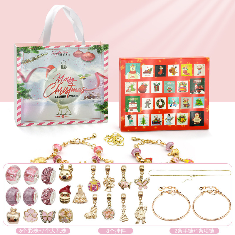 Rojo oro/plata Navidad 24 cuenta regresiva calendario ciego caja DIY dibujos animados niños regalo pulsera traje