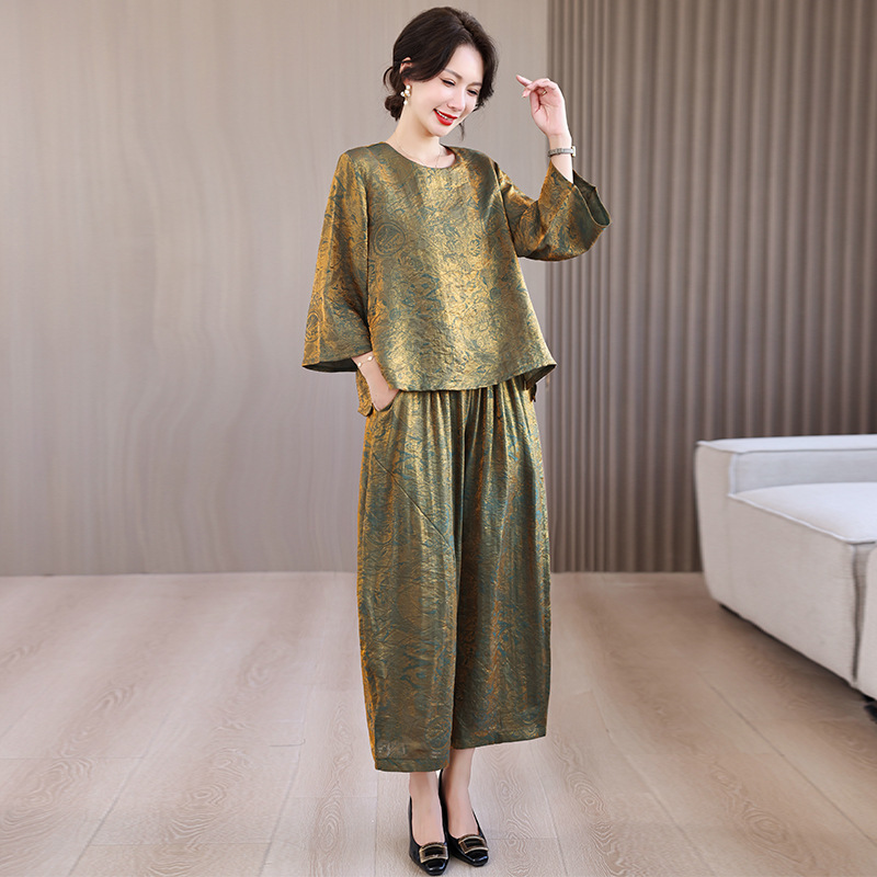 New Chinese Style Middle-Aged Mother Chinese Style Suit Women's Fashion Women's Suit Elegant Nine-Quarter Sleeves + Pants Two-Piece Set New Chinese Style Middle-Aged Mother Chinese Style Suit Women's Fashion Women's Suit Elegant Nine-Quarter Sleeves + Pants Two-Piece Set