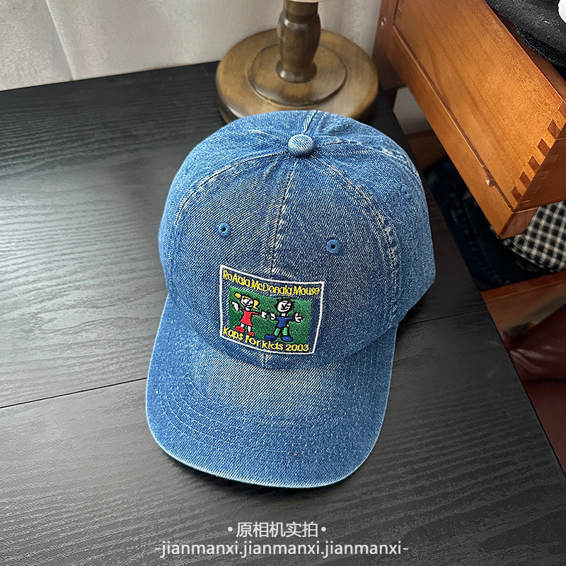 新款可爱童趣卡通刺绣水洗牛仔蓝棒球帽子女百搭休闲显脸小鸭舌帽|undefined